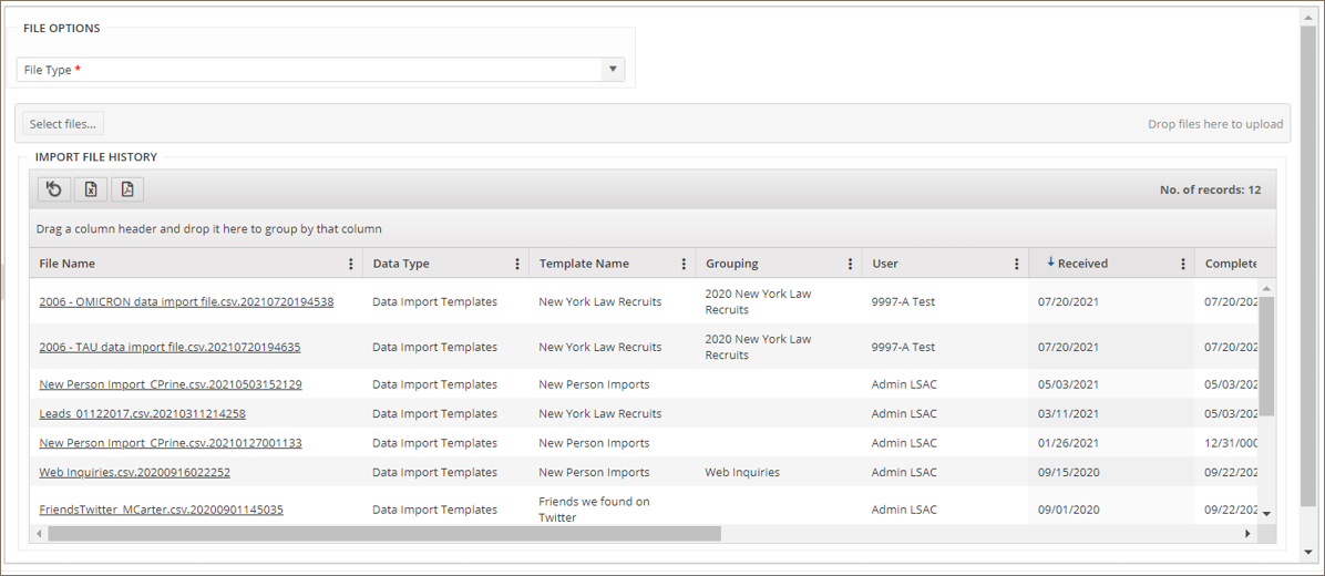 Image is of the Import File History grid with import file data in the grid.