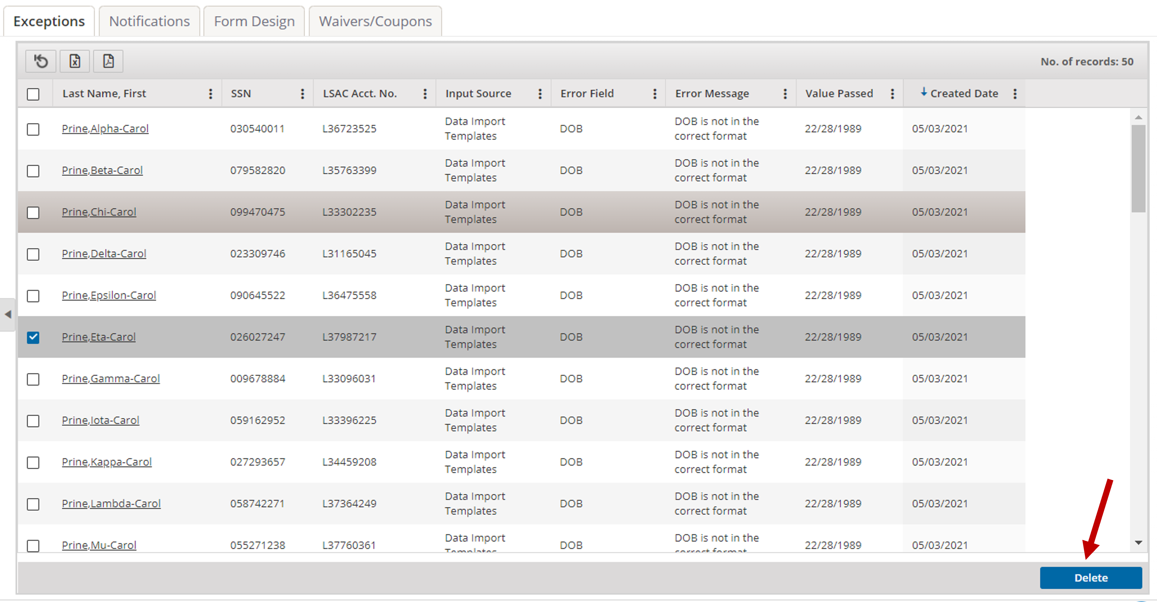 Image shows Person/Application Data Exceptions grid with an exception selected and an arrow pointing to the Delete button.