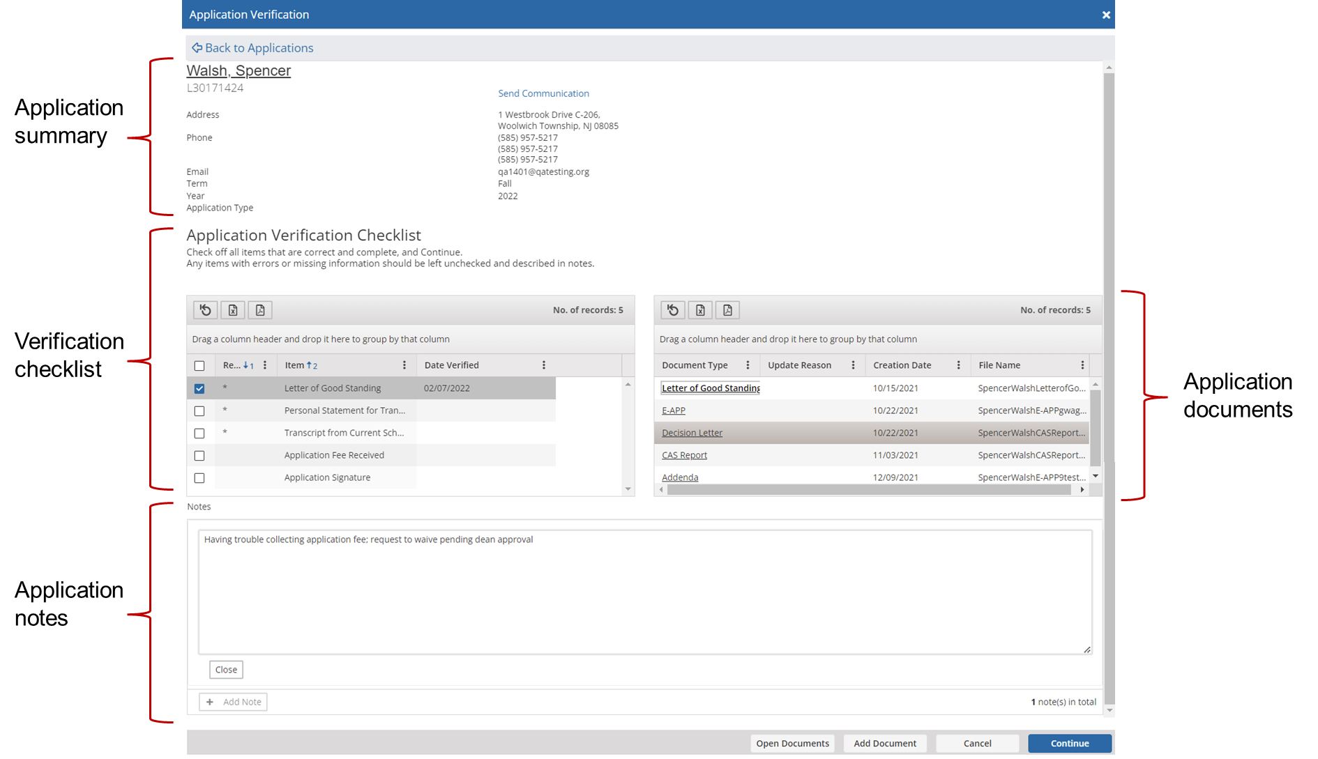 Image shows Application Verification page in the Applications area. Sections of the page include Application summary, Verification checklist, Application notes, and Application documents.