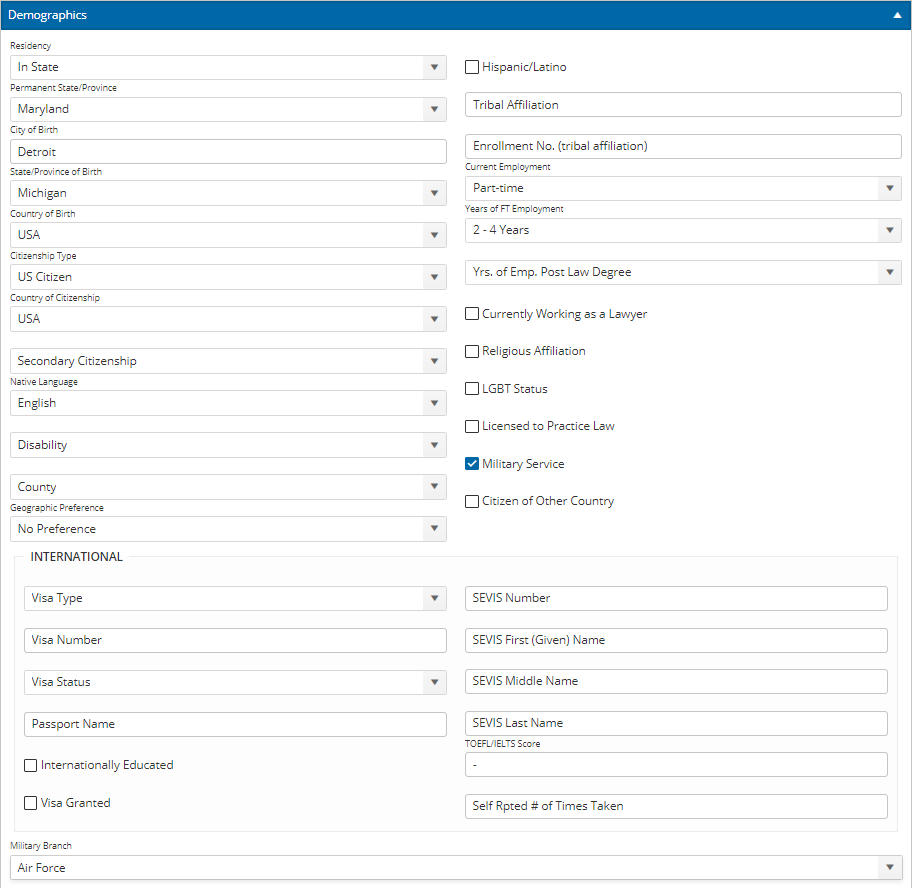 This is a picture of the Demographics section on a person record with the Military Branch user-defined field appearing as a list box after all standard fields.