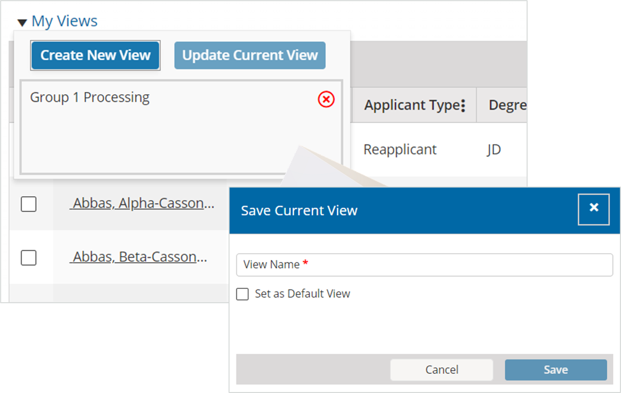 Image shows My Views window on an admissions workflow grid with Save Current View window overlaying to demonstrate how you create multiple views.