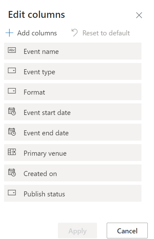 Image shows the Edit columns window where you can add and edit columns to display on a marketing grid. 