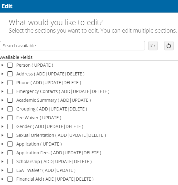 Image shows field values within the Applications and Reviews areas that you can add, update, and delete. The areas include Application, LSAT Waiver, Payment, and Scholarship. You can only update Application fields, not add or update.