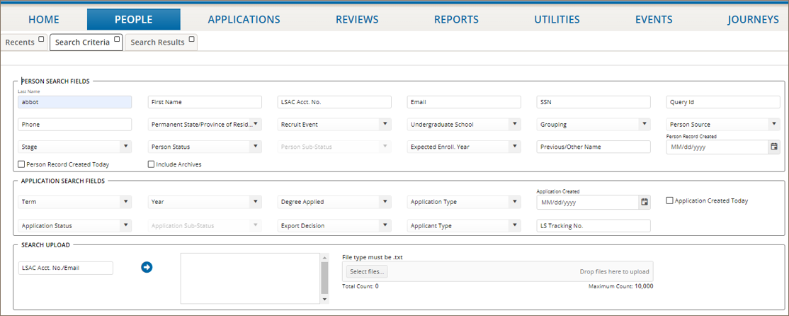 Image shows the three grids under the PEOPLE area, with the Search Criteria grid selected. The grid shows the search criteria for person searches, application searches, and the Search Upload section where you can upload LSAC Account Numbers and emails to perform a search.