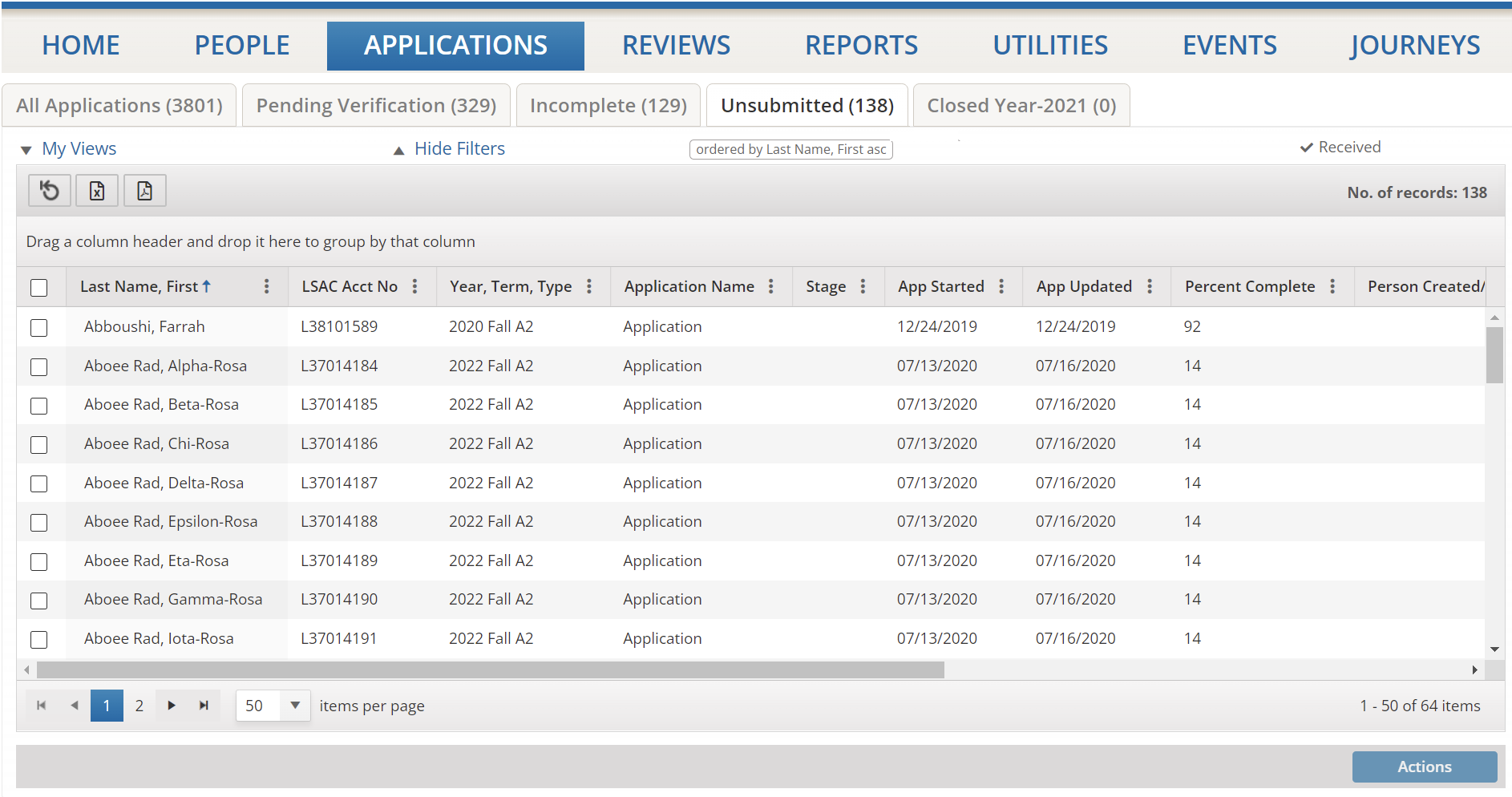 Image shows the Unite Applications grid with rows containing application information.