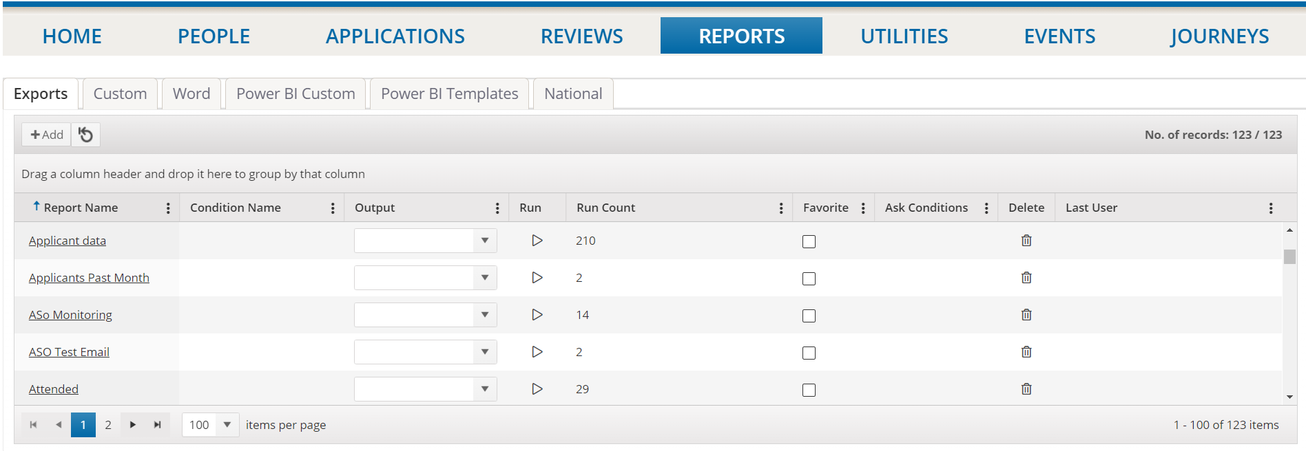 Image shows Exports grid with a list of exported reports.