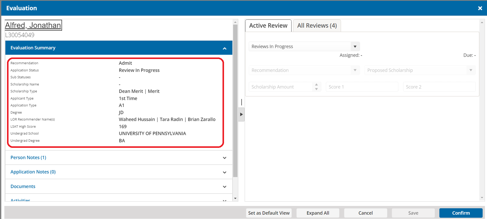 Image shows a sample evaluation summary with a red box surrounding the summary information. Summary information includes the application recommendation, status and sub-status, recommended scholarship name and type, applicant and application type, degree of study, letter of recommendation title, LSAT score, and undergraduate school and degree.