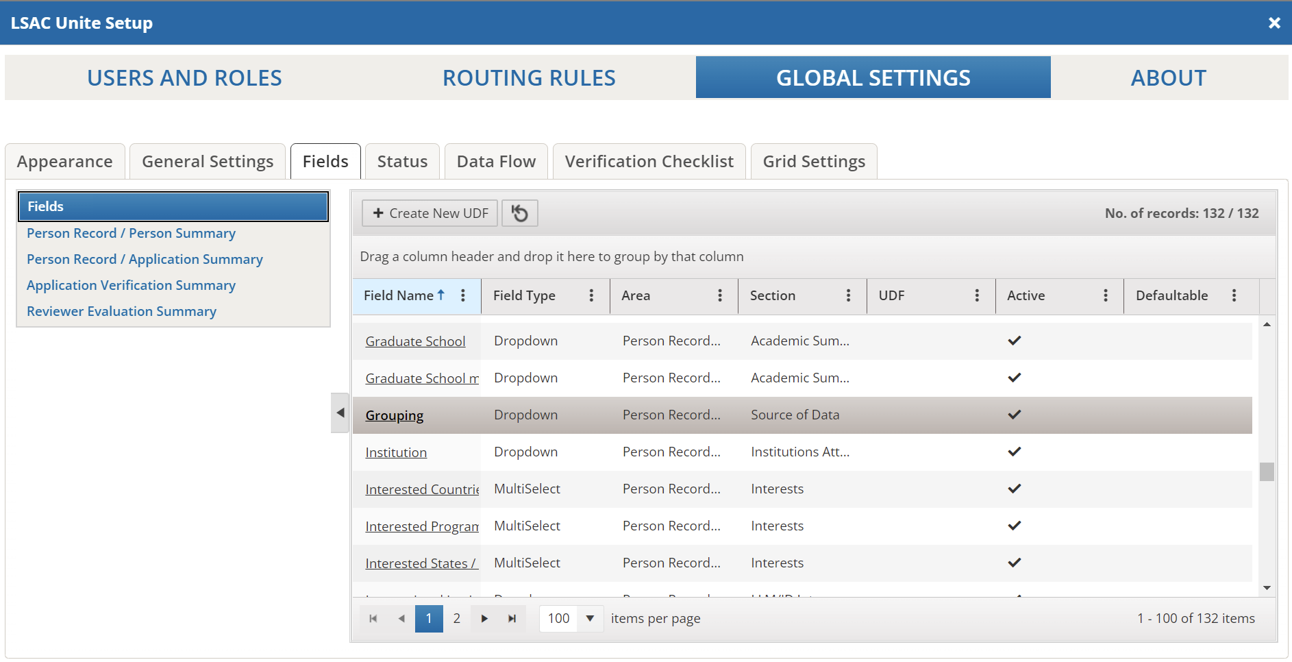 Image shows fields in a grid in the Global Settings area of Unite and the Grouping system field row selected in the grid.