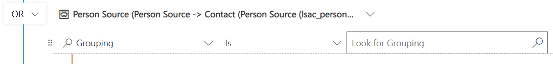 Image shows the definition tab in Segments with a clause designed to find people associated with a specific grouping.