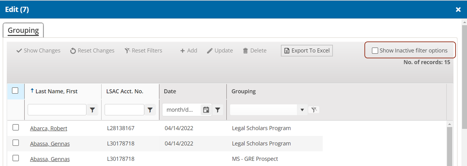 Image shows the Edit window with grouping information of multiple person records, with the Show Inactive filter options surrounded by a red box.