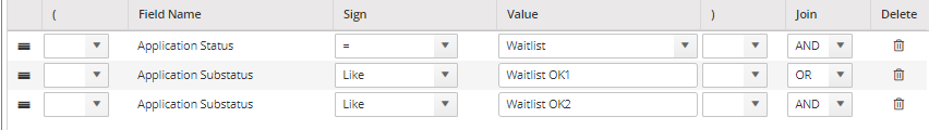 Image shows Application Status and Application Substatus fields with options (sign, value, and joiner) defined.