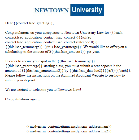 Example email showing dynamic expressions pulled from the application table as place holders for your dynamic content.